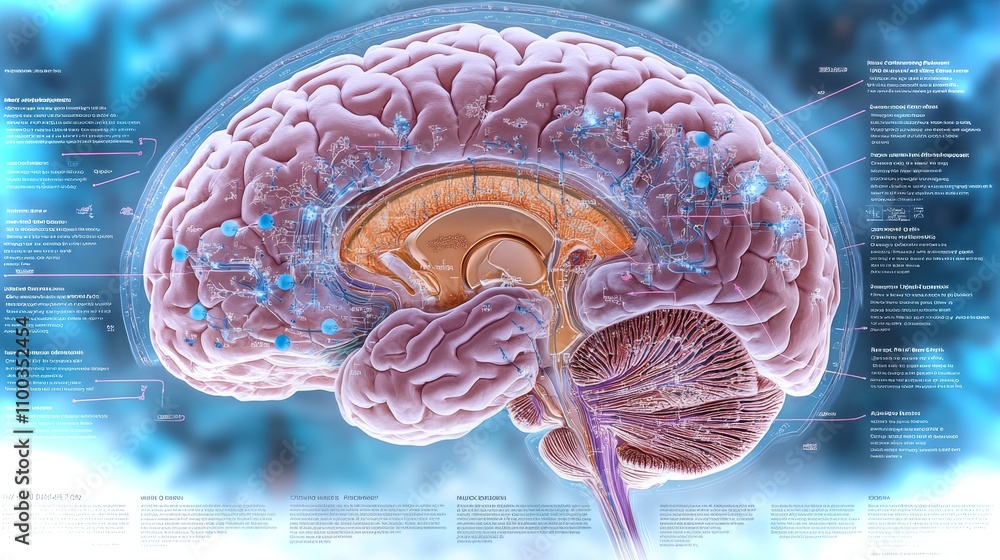 Poster cross-sectional view of the human brain highlighting neural connections and functions