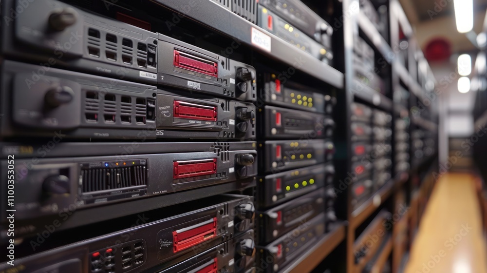 Poster close-up of stacked server racks in a data center.