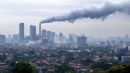 Obraz premium Pollution from industrial smokestacks hovering over a city skyline with residential areas in the foreground