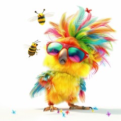 Fototapeta premium A colorful parrot playfully interacts with buzzing bees in a whimsical scene