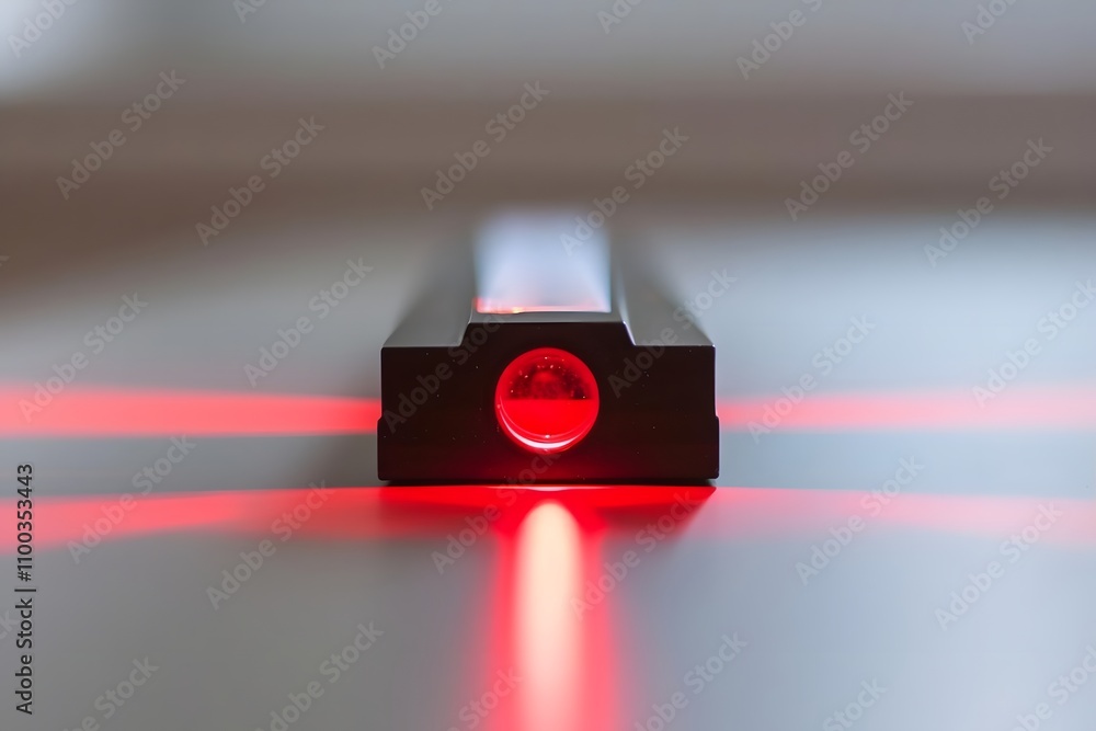 Poster a close-up of a laser level tool projecting red lines for precise alignment.