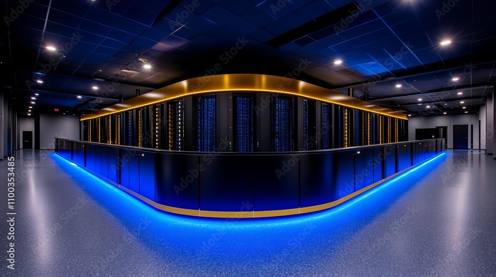 Aufkleber high-tech data center featuring rows of servers illuminated with blue and gold lighting.