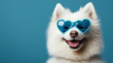 Obraz premium Happy white dog wearing blue heart-shaped sunglasses on a bright turquoise background, radiating playful and cheerful summer vibes, perfect for pet and fun lifestyle themes