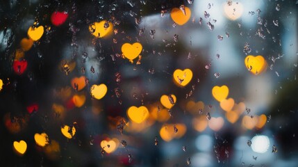 Obraz premium Colorful heart-shaped lights create a warm atmosphere on a rainy evening in a city street