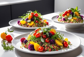vibrant array plant based dishes showcasing artful presentation plate, arrangement, beans, bright, chef, colorful, combinations, cuisine, desserts