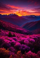 Obraz premium breathtaking mountain vistas bathed vibrant pink colors during dramatic sunsets over treetops, sky, clouds, horizon, nature, scenery, landscape, view