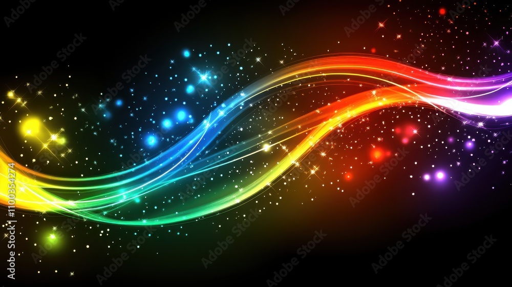 Poster colorful abstract waves with sparkling stars create a vibrant visual experience in a dark background