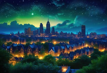 Fototapeta premium enchanting nightfall landscape showcasing vibrant skyline twinkling lights softly lit clouds starry sky, cityscape, urban, buildings, twilight, horizon
