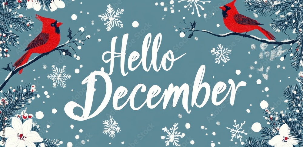 Poster snowflakes with red cardinals and white text 