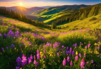 Obraz premium vibrant silent valley showcasing blooming springtime colors picturesque natural landscape lush flora scenic views, nature, scenery, trees, grass, flowers