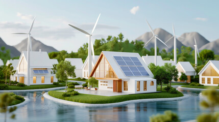 Innovative housing  project model using renewable energy such as wind turbines, solar panels and green space with river, Eco-friendly trend.