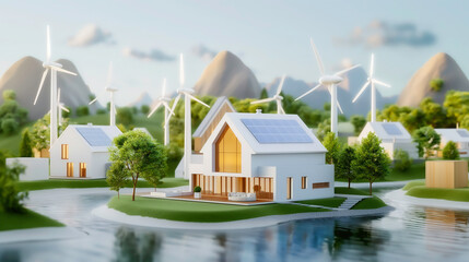 Innovative housing  project model using renewable energy such as wind turbines, solar panels and green space with river, Eco-friendly trend.