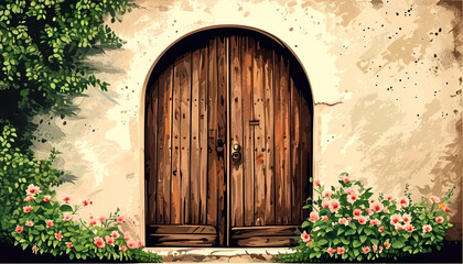 Colorful wooden door adorned with blooming flowers in a tranquil garden setting