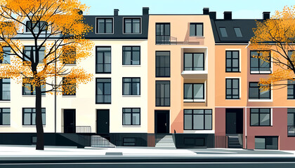 Obraz premium Charming street view of modern buildings with vibrant autumn trees in the foreground