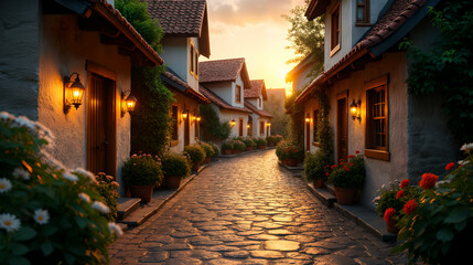 Fototapeta premium Enchanting Village with Glistening Cobblestone Floor Under a Sunset Sky Surrounded by Rustic Charm and Nature's Beauty
