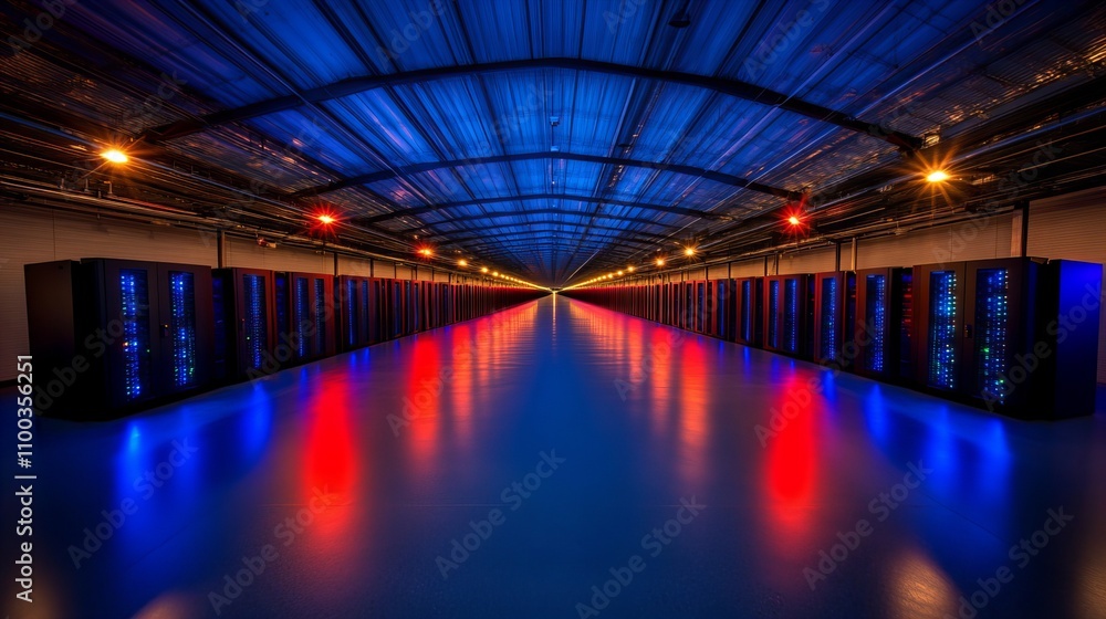 Poster illuminated data center featuring rows of powerful servers in a sleek, futuristic environment.
