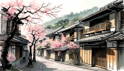 Cherry blossom street in a tranquil Japanese village during springtime