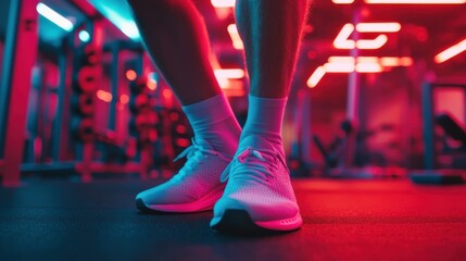 Bright neon lights illuminate a fitness gym with a focus on athletic shoes and workout equipment in evening hours