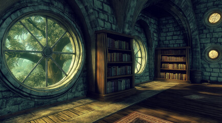 Obraz premium Enchanted Library Nestled in a Forest Surrounded by Lush Greenery 