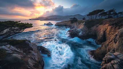 Obraz premium Vibrant sunset over dramatic ocean waves crashing against rocky coastline.