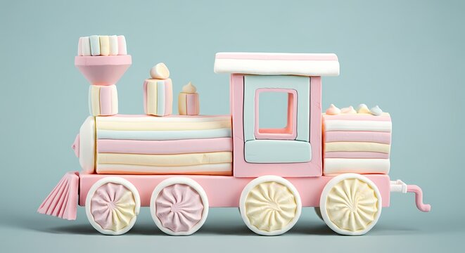Train Locomotive made from Marshmallows, Sugar Treat Marshmallow Candy Art, Sugary Gelatin Treat	