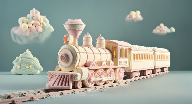 Train Locomotive made from Marshmallows, Sugar Treat Marshmallow Candy Art, Sugary Gelatin Treat	