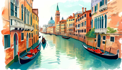 Fototapeta premium Beautiful gondolas glide through the serene canals of Venice under a bright sky