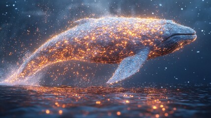 Fototapeta premium A glowing whale swimming through a starry ocean, blending nature with a magical atmosphere.