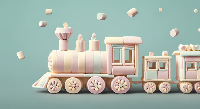 Train Locomotive made from Marshmallows, Sugar Treat Marshmallow Candy Art, Sugary Gelatin Treat	