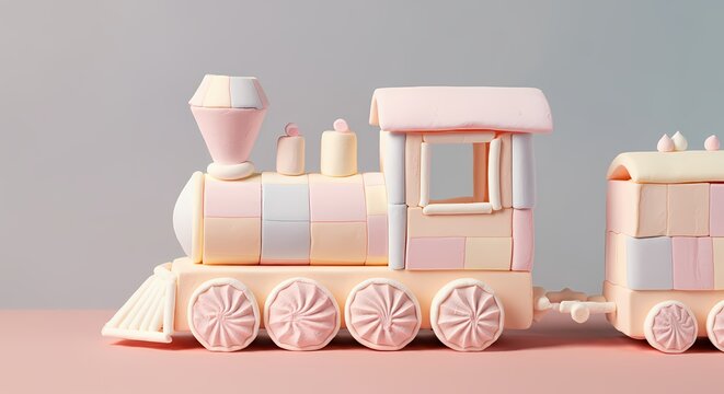 Train Locomotive made from Marshmallows, Sugar Treat Marshmallow Candy Art, Sugary Gelatin Treat	