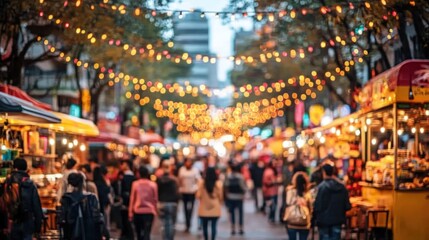 Obraz premium Festive night market street, blurred crowd, colorful lights, food stalls.