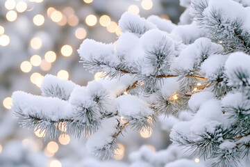Close-up of snowy fir branches against the backdrop of Christmas lights