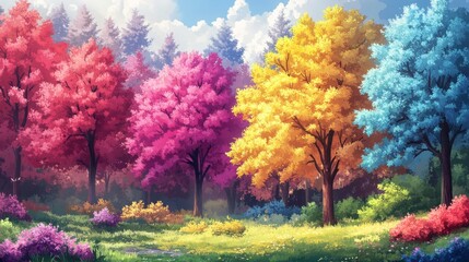 Colorful Trees in a Magical Forest Landscape