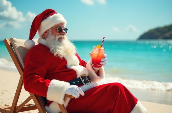 Santa Claus in winter clothes on the beach by the ocean. There is a palm tree nearby.