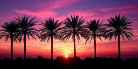 Obraz premium Palm trees silhouetted against a vivid sunset sky with a vignette effect, tropical landscape, warm natural lighting,