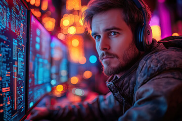 Obraz premium Focused Gamer in Vibrant Esports Setting