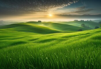 Obraz premium tranquil fields dawn glimmering dew fresh grass bathed soft morning light, nature, landscape, sunrise, outdoor, scenery, mist, horizon, fog, sky, sunlight