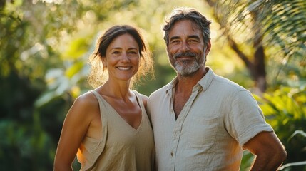 Obraz premium Happy middle-aged couple standing outdoors in a lush green forest, both smiling warmly with casual outfits, sunlight filtering through trees,