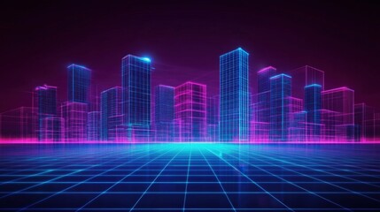 Naklejka premium Digital skyscrapers in a futuristic city, glowing neon blue and pink lines, dark background, cyberpunk atmosphere, modern technology focus,