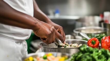 The focused hands of a chef preparing meals in a community kitchen, Illustrating generosity amidst food security initiatives, photography style