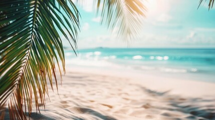 Fototapeta premium A tropical beach scene with soft white sand and a turquoise ocean, blurred palm trees in the distance,