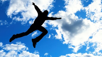 Silhouette of a person jumping against a sky, freedom and joy symbol,
