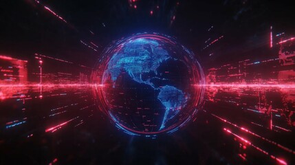 Obraz premium Futuristic holographic interface with abstract globe, glowing blue and red connections, surrounded by digital grids, dark background, minimalistic