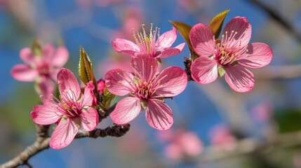 Obraz premium Blooming pink cherry blossoms on tree branches under bright daylight, clear blue sky in the background, detailed natural textures,