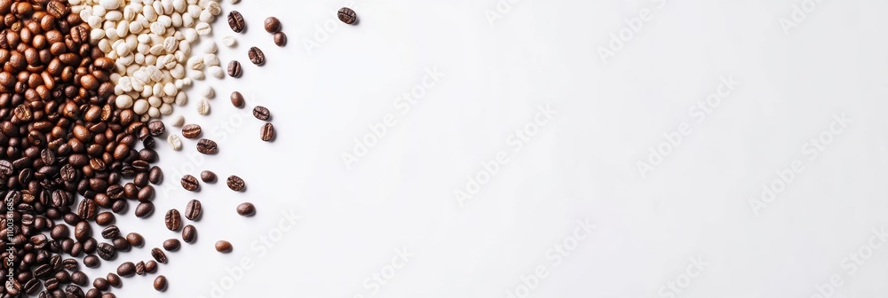 Poster Different types of coffee beans are arranged on a white surface, providing an ideal backdrop for text or branding. Generative AI