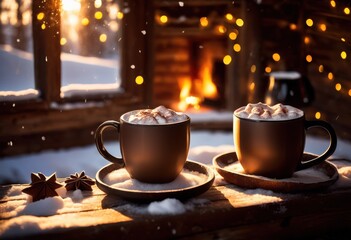 Obraz premium cozy scene steaming mugs snow dusted capturing warmth winter beauty comfortable setting, cup, hot, beverage, drink, wood, white, season, texture, porcelain