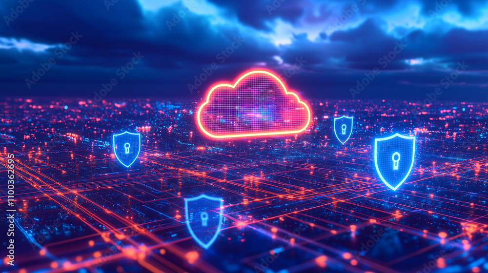 Poster futuristic cloud and edge computing with cybersecurity elements