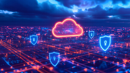 Obraz premium Futuristic Cloud and Edge Computing with Cybersecurity Elements