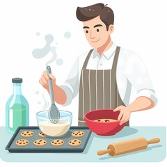 Minimalistic flat style illustration of a man baking cookies, set against a clean white background. Perfect for cooking, baking, and culinary-themed projects.
