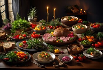 exquisite arrangement succulent meats artfully presented modern dining table featuring fresh ingredients stylish decor, backdrop, banquet, board, catering